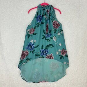 Sweet Pea Green Floral Print Hi-Lo Tank Top‎ Womens Sleeveless Sheer Size Large
